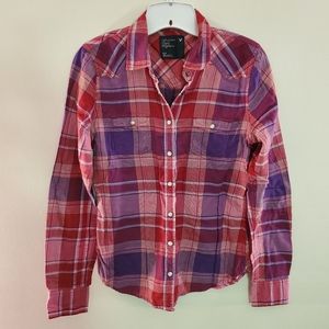 EUC Y2K American Eagle Button Up Plaid Shirt With Faux Pearl Snaps